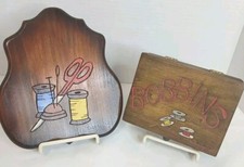 Vintage Handcrafted Sewing Wood Bobbin /Scissor Plaque & Wood Bobbins Box Brown picture