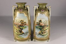 Matched pair of authentic antique Nippon porcelain vases 9 3/4 