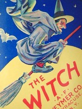 1920s Original HALLOWEEN Flying Witch On Broom Label, Full Moon Stars, Bat picture