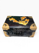 Vintage Asian Black Lacquer Wood Jewelry Box Carved Floral Bird Brass Corners picture