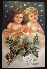 Beautiful ~Children Girls with Holly~Stars~Antique PFB Christmas~Postcard~r558 picture