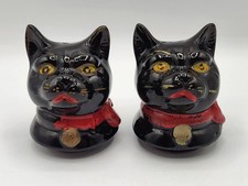 Vintage MCM Black Cat Head Salt Pepper Shakers Set Red Bow Yellow Eyes Halloween picture