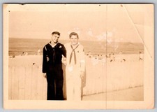 Vtg B&W Snapshot Two US Navy Sailors Dress Blues Whites Beach Boardwalk 1940s picture