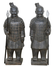 Pair of Chinese Warrior Soldier Figurines Statues, Black Earthy Finish-40''H picture