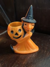 VINTAGE ROSBRO PLASTIC HALLOWEEN WITCH HOLDING JOL CANDY CONTAINER picture