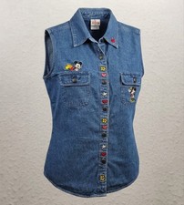 Disney Store Vintage Women's Mickey Minnie Pluto Sleeveless Denim Shirt. Size L picture
