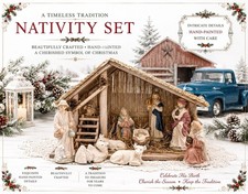 Vintage (11) Piece Nativity Set W/ Hay Covered Wooden Stable & Porcelain Figures picture