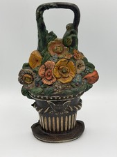 Vintage Cast Iron Door Stop Spring Basket with Bouquet of Flowers picture