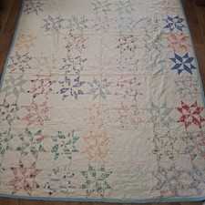 Vintage 1930s Hand Quilted Star Quilt Twin 66x74 Floral Feed Sack Backing picture