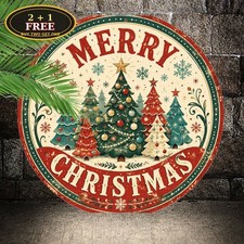 Christmas Tree Happy Holidays Sign Winter Festive Wreath Round Metal Plaque 8x8 picture