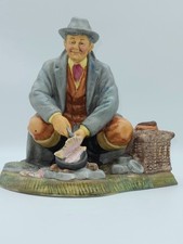 Vintage Fisherman Figurine Cooking Fish With Basket & Hat Hand-Painted Ceramic C picture