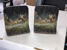Antique Hubley Cast Iron Bookends Pair Cold Painted Coaxing the Horse Carriage  picture