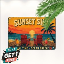 Boardwalk Sunset Palm Tree Beach Sign Rustic Deck Saloon Metal Tin Plaque picture