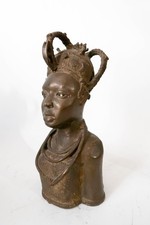 Vintage BENIN Bronze Head Bust Queen Mother Iyoba African Art Nigeria picture