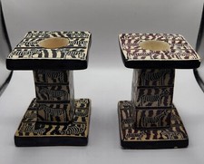 Genuiyne Hand Carved Besmo Wood Candleholders, Keyna, Crack shown in photo 4 picture