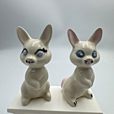 Vintage Pair White Ceramic 3” Bunny Rabbits🐇 With Blue Eyes and Pink Tails picture