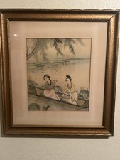 Vintage Asian Art Print 2 Women in Boat Lotus Pond Ornate Gold Frame Japanese St picture