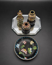 Vintage Chinese Cloisonne Enamel Mini Vases & Floral Trinket Bowl 4 Pc Lot picture