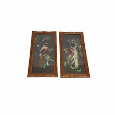 Vintage Pair Of 2 Feather Bird Folk Art Picture Carved Wood Frame - Mexican picture