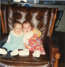 Vtg 1970s Found Photo Twin Babies Smiling on Chair Snapshot picture