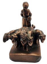 Vintage bronze brass color metal woman statue 5 sheep figurine sculpture Cottage picture