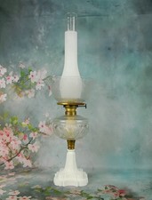 NICE~Antique 1890s Kerosene Oil Lamp Victorian Milk Glass Pedestal~Etched Globe picture