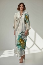 Vintage Silk Kimono Gold Chrysanthemum Embroidery Multicolored Leaves Sz L MINT picture