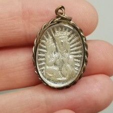 Vintage Saint Anne de Beaupre Mercury Glass Intaglio Pendant Medal Charm picture