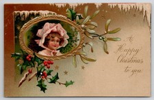 Happy Christmas Victorian Girl Portrait Gilded c1906 Frederick MD Postcard K45 picture