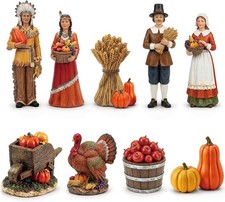 9 Pcs Thanksgiving Pilgrim Figurines Wooden Fall Harvest Village Tabletop Decor picture