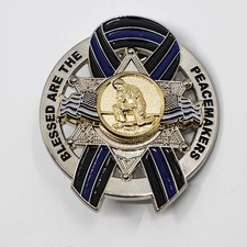 Blessed are the Peacemakers Thin Blue Line Ribbon Memorial 6 PT. Star Metal Pin picture
