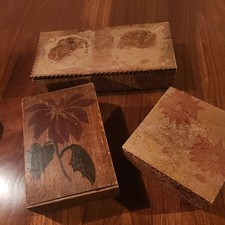Vintage Lot of 3 Trinket Boxes with Unique Etchings and Paint-Various sizes picture