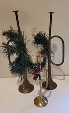 Lot of 3 VTG Brass Bugle Horns 1 is Candle holder Evergreen Holiday decor 14, 8