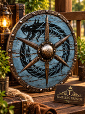Viking Round Shield Wooden Battle Ready Blue Dragon Serpent Steel Boss Decor picture