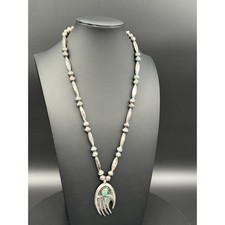 Vintage Navajo Old Pawn Silver Bear Paw Turquoise Pendant Necklace Melon Beads picture