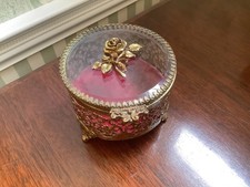 Vintage Mid Century Modern Gold Ormolu Round Vanity Rose Accent  Jewelry Box picture