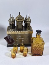 Vtg Complete Golden Crown Castle Musical Decanter Set With 4 Shot Glasses Works picture