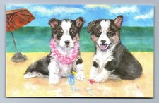 BEST VACATION EVER ~ Corgi Dog Puppies at Beach ~ Lei Cocktail ~ A/S Postcard picture
