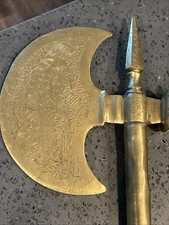 Pair Vintage Brass Ceremonial Battle Axes Polearms Hand Engraved picture