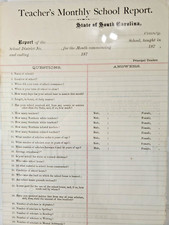 Rare 1870's Teachers Monthly School Report State of South Carolina 8 1/2 x 14 picture
