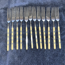 VTG Japanese Fork Lot Set Of 12 Stainless Melamine Wealth Longevity 3 Prong picture
