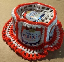 Vintage 1970's Crochet Beer Can Fedora Type Hat Molson Canadian Red And White picture