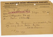 1887 Western Union Telegram St. Augustine FL to Jacksonville Signed WW PALMER picture
