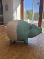 Tiffany & Co Piggy Bank Porcelain Pig Coin Bank Blue Whie  picture