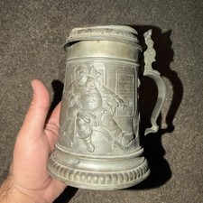 1897 German Tavern Scene Lidded Pewter Stein Rich Fat Man Scene As Shown picture