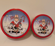 2 Vtg. Daisy Kingdom Cookie Food Tins Christmas Bunny Noel 1990's 2 Sizes Round picture