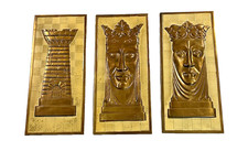 Vintage MCM Brass Chess Wall Plaques King Queen Rook Set of 3 14