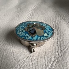 Vintage Alpaca Mexico Abalone Shell Inlay Turqoise Mosaic Floral Mini Pill Box picture