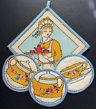 30s VTG CHARMING HOSTESS POT HOLDER SET_TINTED_EMBROIDERED_4 PIECE SET_ picture