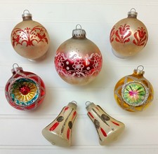 VTG West Germany Lot 7 Blown Glass Ornament Indent Starburst Bell Red Gold White picture